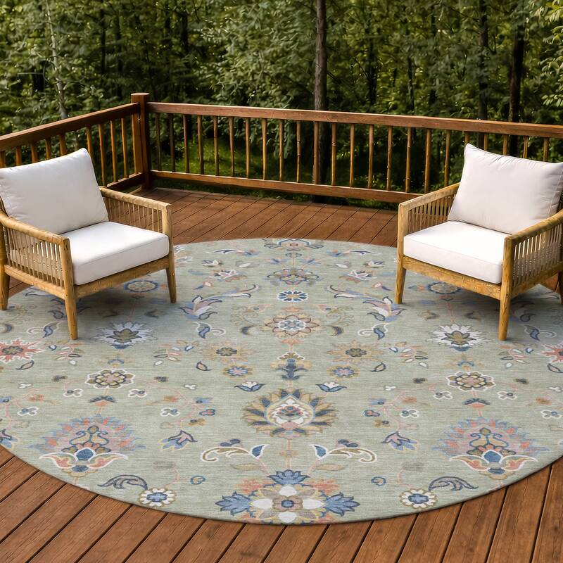 Machine Washable Indoor/ Outdoor Traditional Basalt Chantille Rug - Celery - 8' x 8'