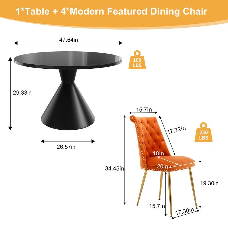 48" Light Luxury Black High Gloss Large Countertop Dining Table with Velvet Dining Chair Set