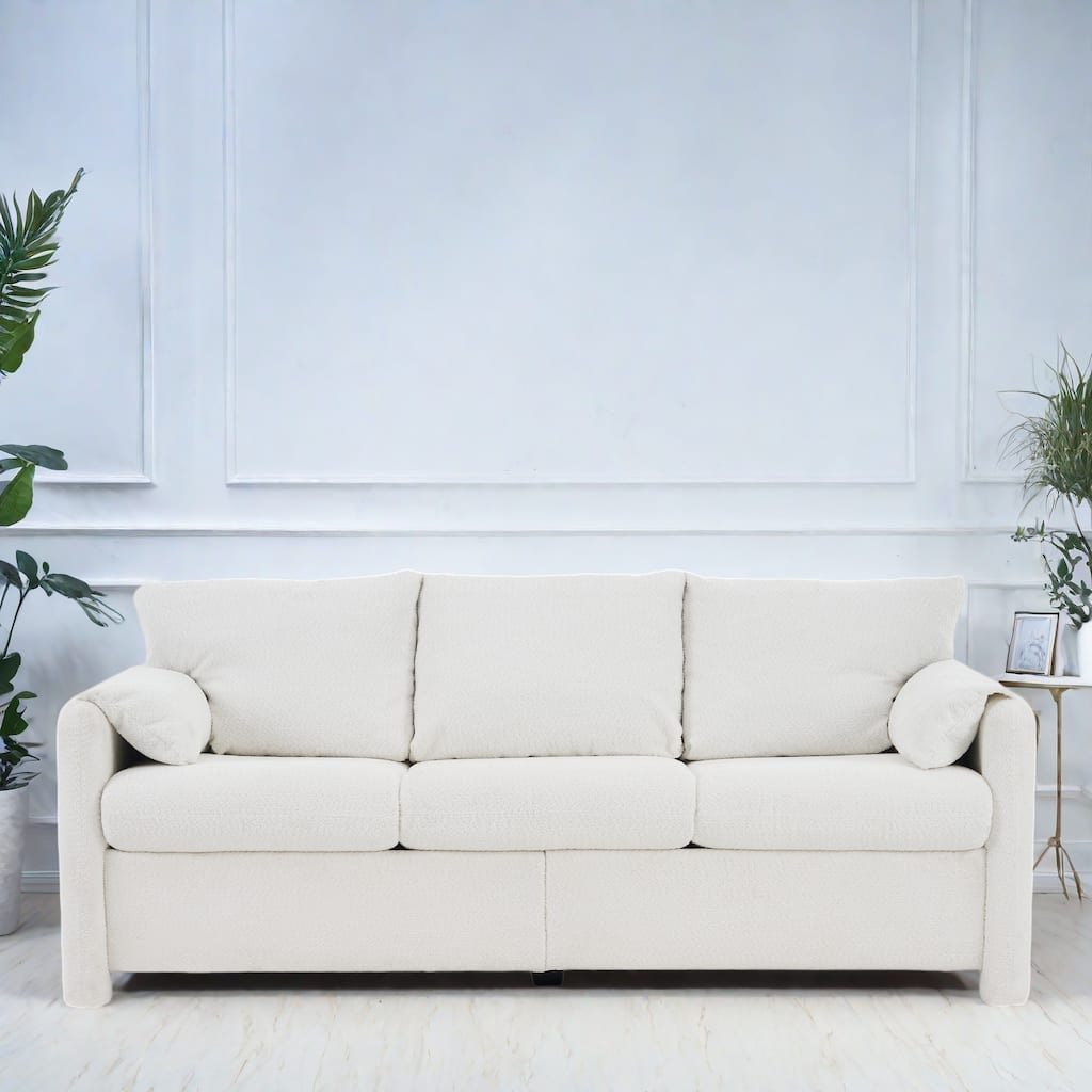 76.77" Chenille 3-Seater Sofa with Wrap-Around Barrel Backrest - Sturdy Wooden And Lron Frame