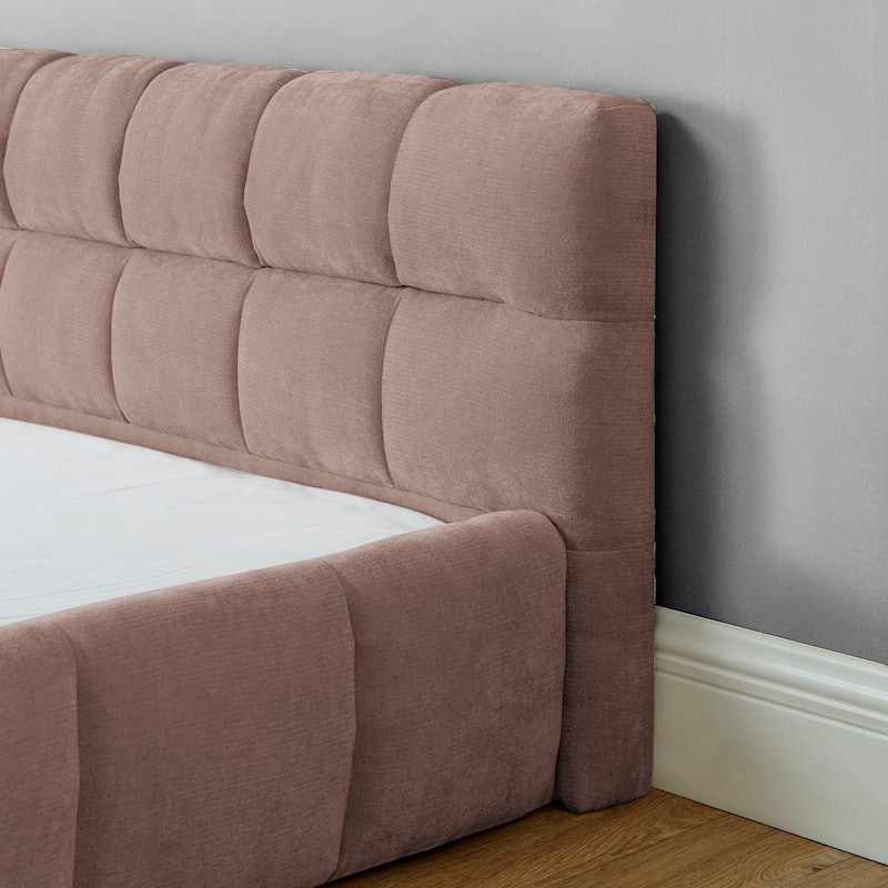 Block Thick Chenille Low Profile Platform Bed Fabric Upholstered Bedframe with Headboard Solid Wood Frame - Optional Storage Bed