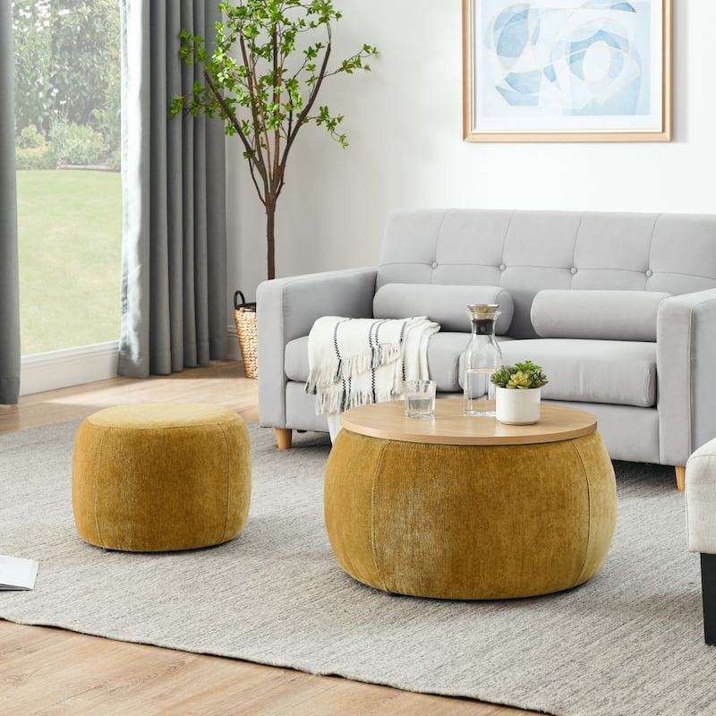 Round Storage Ottoman, 2 in 1 Function, Work as End table and Ottoman,with small seat - Dark Yellow