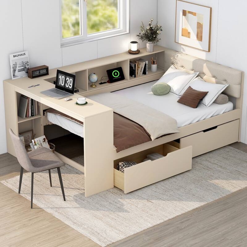Full Size Platform Bed with Shelves, Drawers, Charging Station and Upholstered Headboard