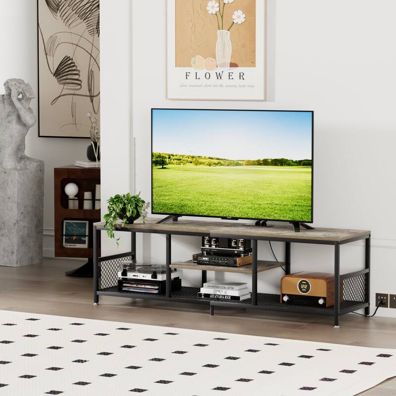 VECELO 55 Inch Grey TV Stand TV Media Console Table Entertainment Center with Power Outlets and Open Storage Shelves