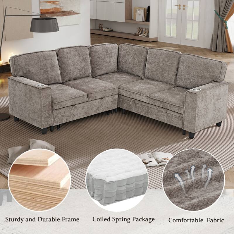 L-Shaped Sectional Sofa with Pull Out Sofa Bed, Convertible Sleeper Sofa Bed with Storage & USB Ports, Large Corner 5 Seat Sofa