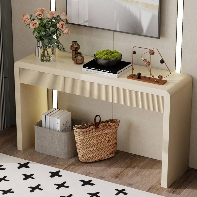Rustic Solid Wood Console Table with 3 Fluted Drawers and Natural Wood Grain - Apricot