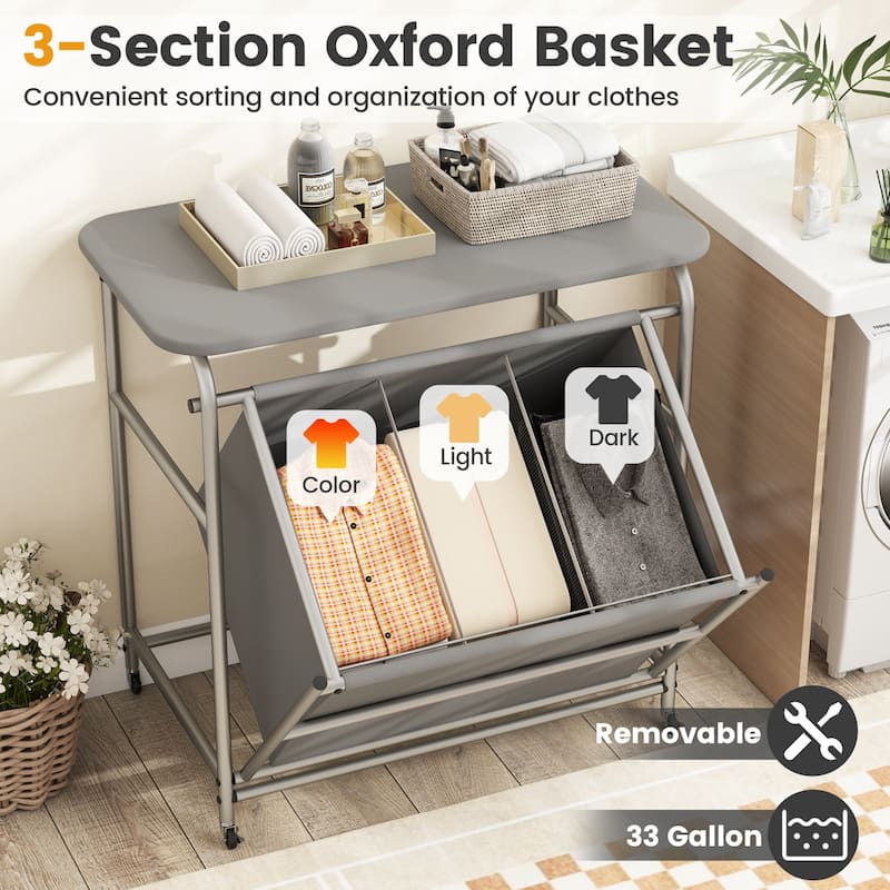 Grey 3 Section Rolling Laundry Hamper with Metal Frame and Ironing Board Lockable Wheels - 34" x 18.5" x 33"