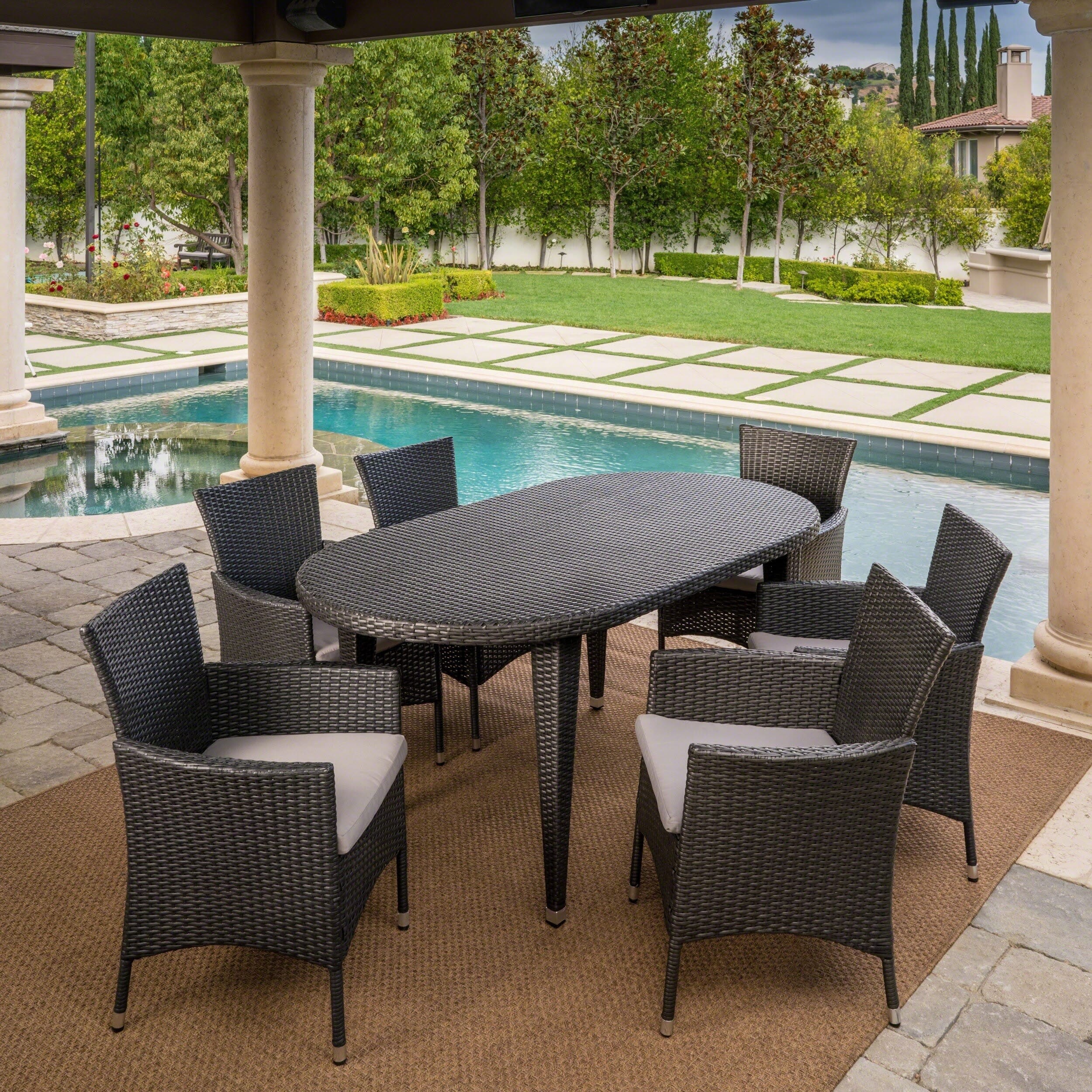 Vincent Outdoor 7-piece Oval Wicker Dining Set with Cushions by Christopher Knight Home