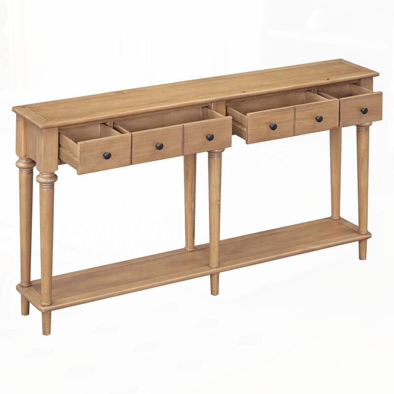 Retro Console Table with Open Shelf and 4 Drawers for Entryways
