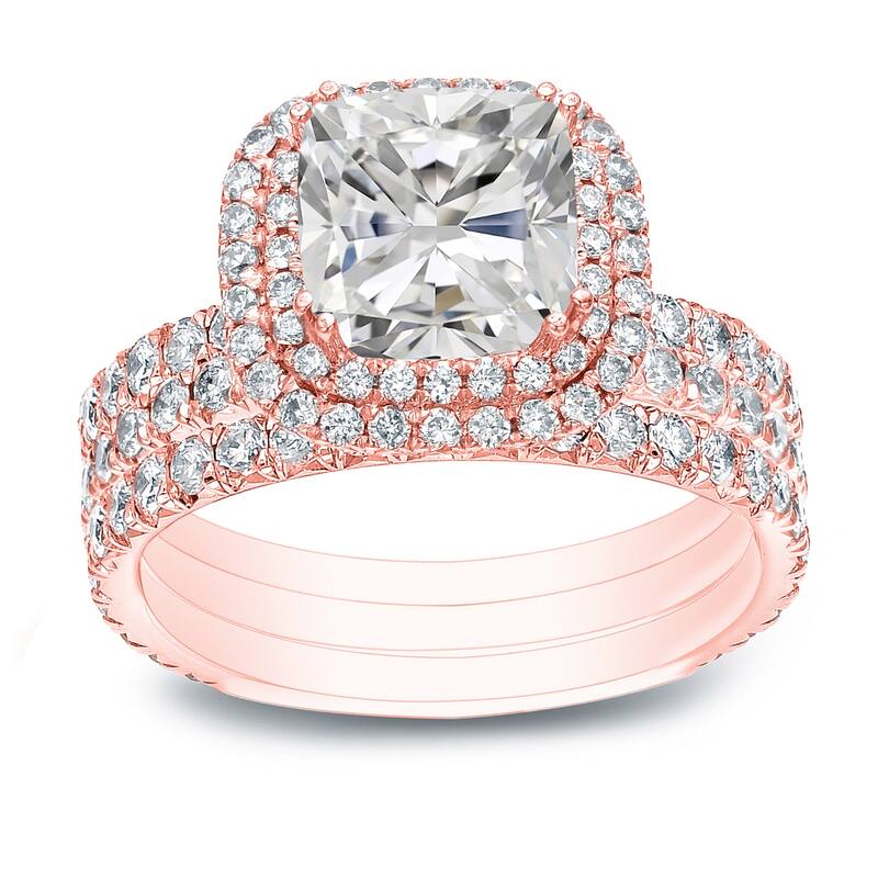 Auriya 2 1/2ctw Cushion-cut Halo Diamond Engagement Ring 3pc Set 14k Gold Certified - Rose - 5