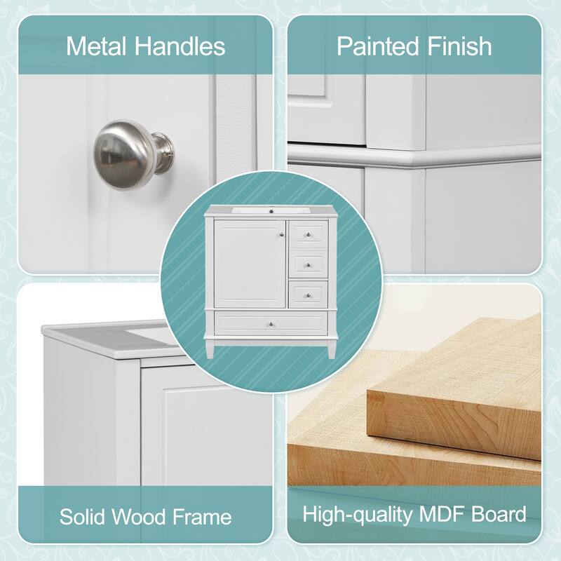 30" Freestanding Bathroom Vanity with Sink, One Door Cabinet and 3 Drawers, Solid Wood Frame & MDF Board