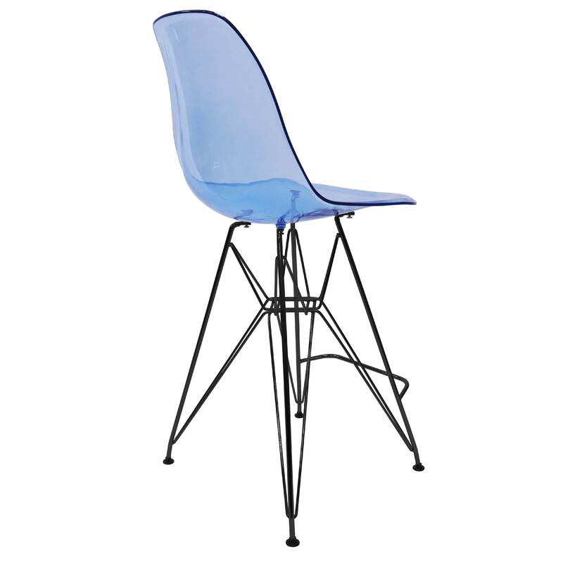 Cresco Acrylic Barstool in Brushed Black Steel Base with Ergonomic Seat, Footrest, & Floor Pads for Kitchen or Home Bar Set of 2
