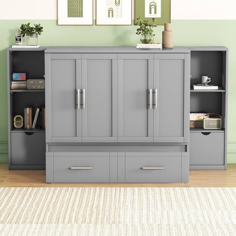 Murphy Bed with Shelves, Drawers, and LED Lighting
