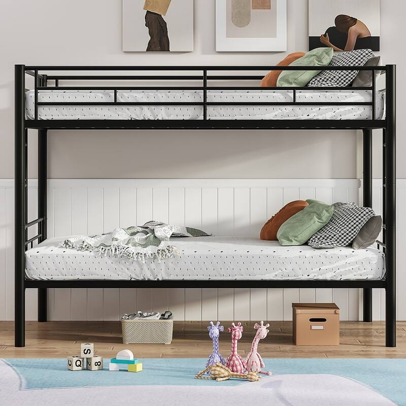 Bunk Bed Metal Twin Size Bunk Beds Frame with Ladder & Full-Length Guardrail Heavy Duty Sturdy 2 in 1 Convertible Bunk Bed