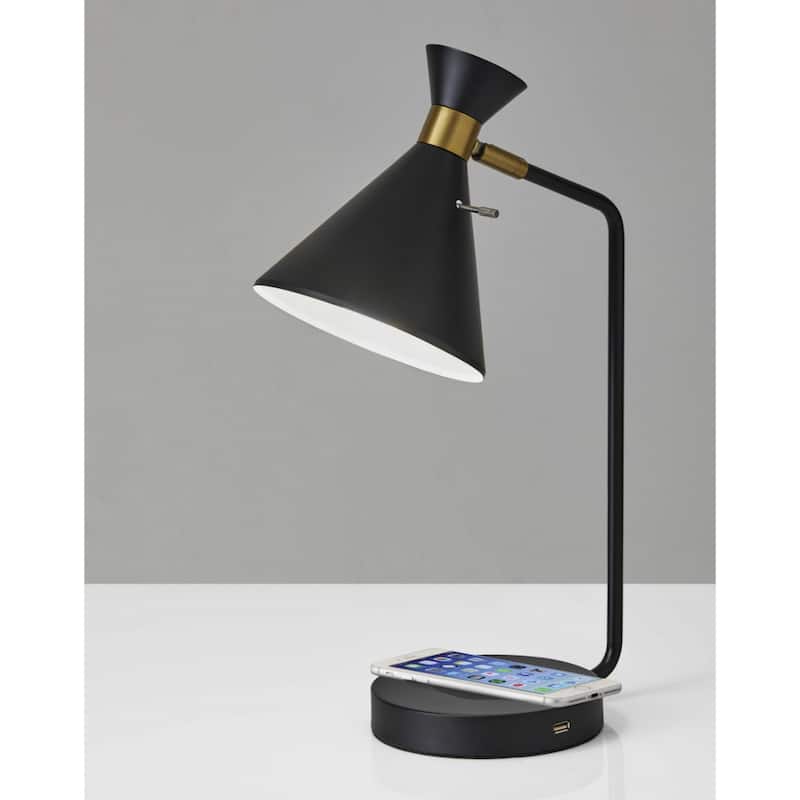 Black Metal Desk Lamp with Antique Brass Accents, Wireless Charging and USB Port - 12” x 6.63” x 19” (D x W x H)