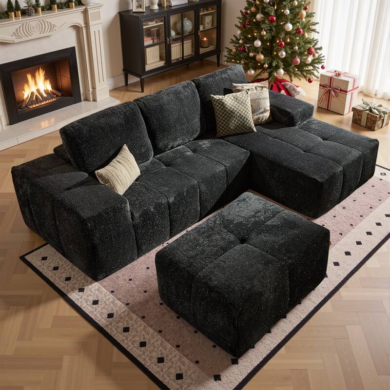 HOOOWOOO Modern Sparkly Velvet Fabric Chaise Sofa Couch with Ottoman - Grey-RightChaise