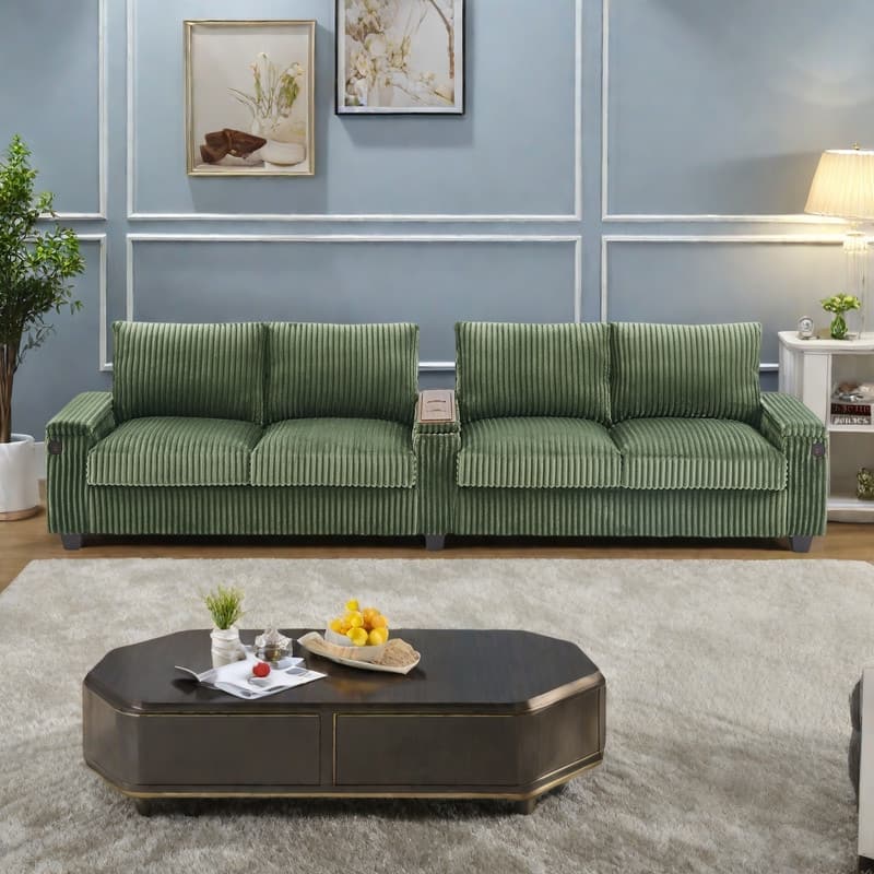133" Corduroy 4-Seater Sofa with USB Ports, Flip-Top Cup Holders, and Hidden Storage