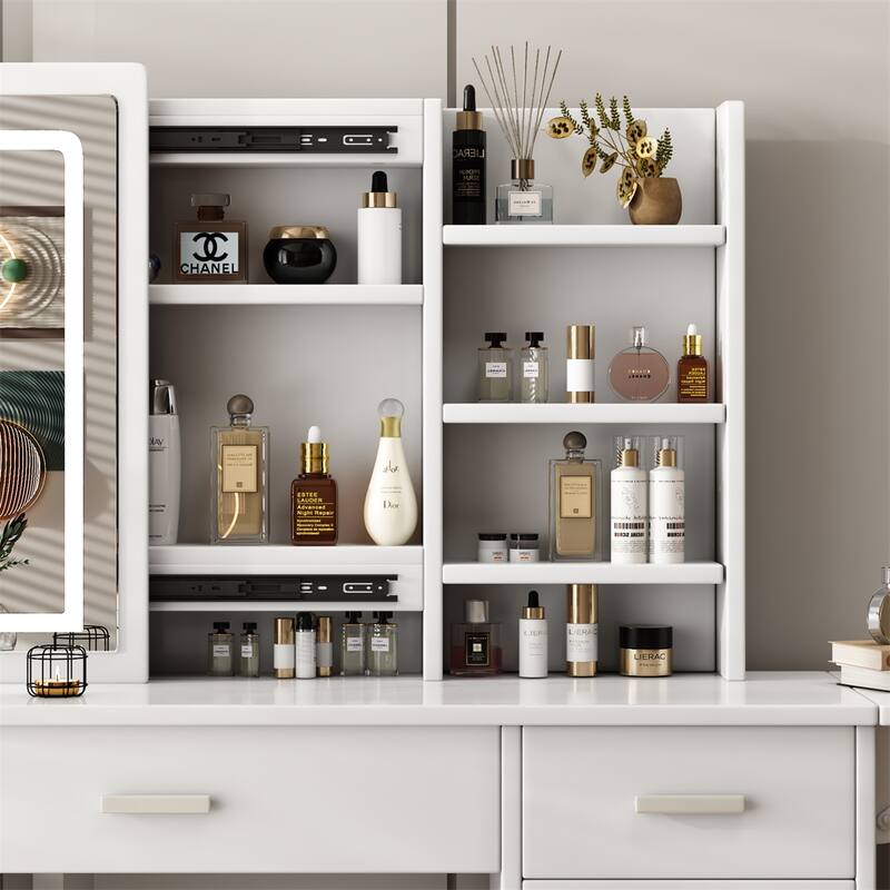 Vanity Desk with Mirror and Lights for Makeup, open shelves and Chair