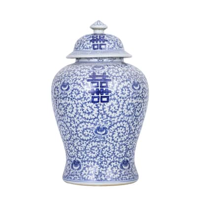 Blue And White Porcelain Double Happiness Floral Temple Jar