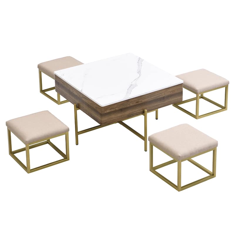Mid-Century Lift Top Coffee Table Set, Large Square Storage Coffee Table with 4 Ottomans, Family Gathering Wooden Center Table
