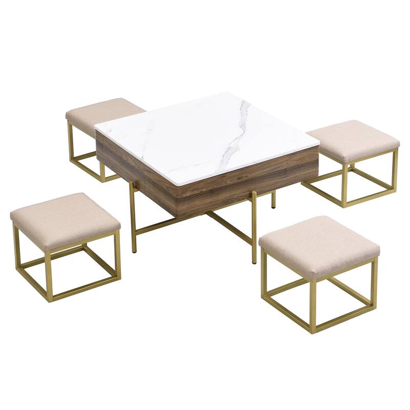 Modern Square Lift-Top Coffee Table Set With Storage & 4 Ottomans