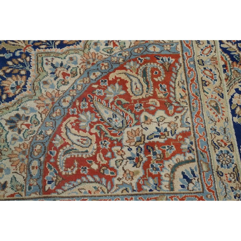 Hand Knotted Oriental 100% Wool Carpet Traditional Floral Navy Blue & Blues Kerman Area Rug - 13' 9'' X 9' 10''
