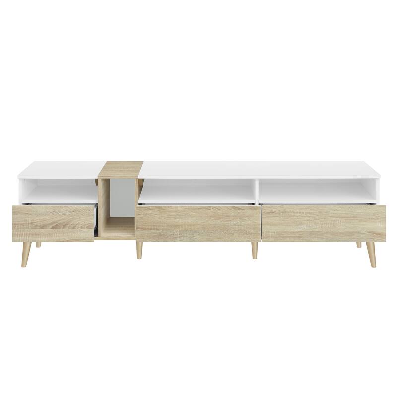 Roomfitters TV Console with 3 Drawers and Shelves, Media Table for 80" TVs, Entertainment Center for Living Room, White