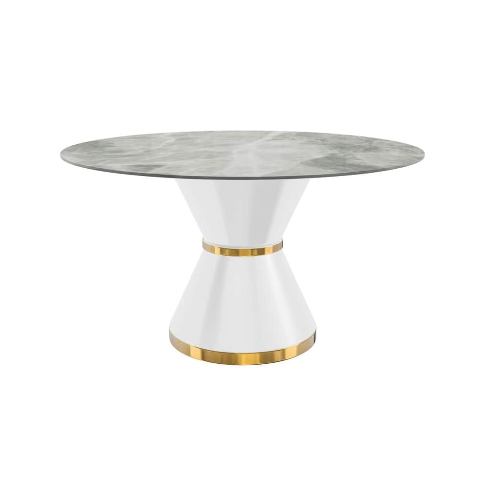 Qorvus Modern Round Glass/Stone Dining Table with Stainless Steel Pedestal Base for Contemporary Kitchens and Dining Rooms