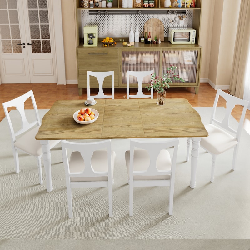 7 Piece Rectangle Dining Table Set with Extendable Wood Dining Table and 6 Upholstered Armless Chair for Dining Room - White+Natural