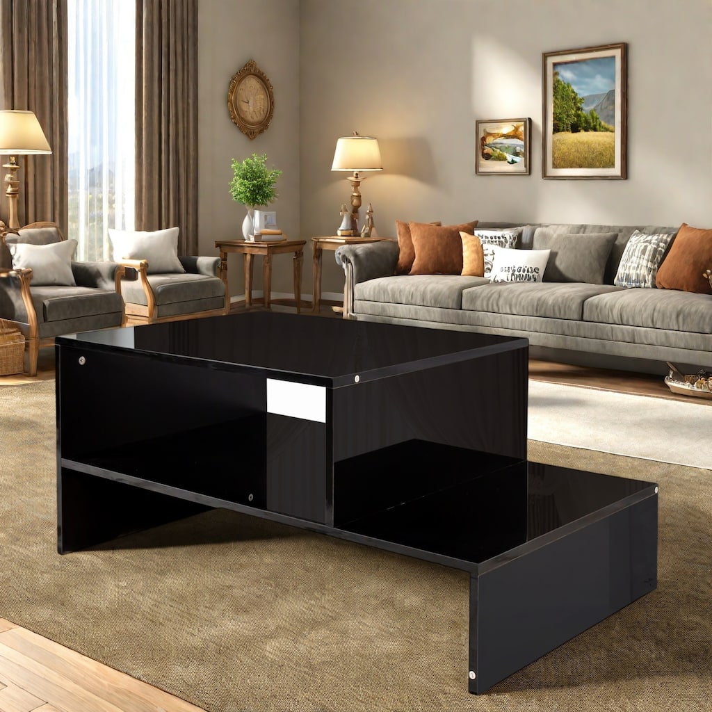 35.43" Particle Board Coffee Table with Architectural Shape, Open Storage, and Easy-Maintenance Finish
