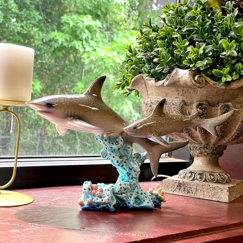 Double Sharks On Coral Statue 10" Hand-Painted Ocean Marine Decor - 6.5 X 10 X 4 inches