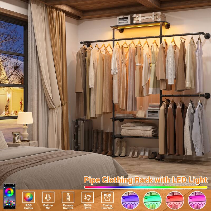 87"W Industrial Pipe Clothing Racks with LED Lights & Open Shelves,Reversible Walk-in Closet Oraganizer System Garment Racks