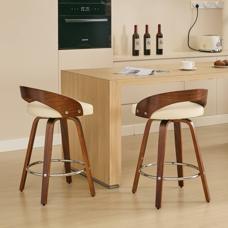 GDF Studio - Halden Mid-Century Swivel Wood Bar Stools with Soft Cushion Seat (Set of 2)
