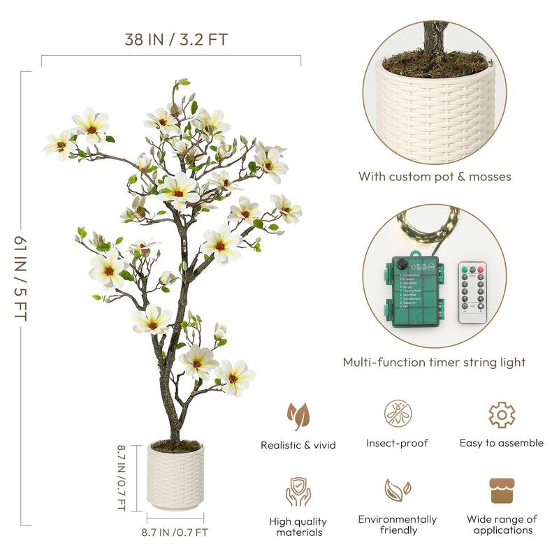 Artificial Magnolia Tree with Realistic White Flowers & Lush Green Leaves