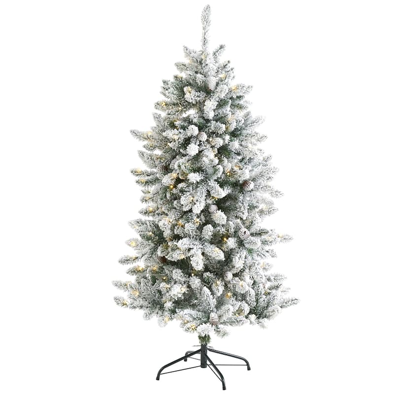 5ft Artificial Christmas Tree - Prelit Flocked Fir Tree with Warm Lights & Pine Cones - White - 60