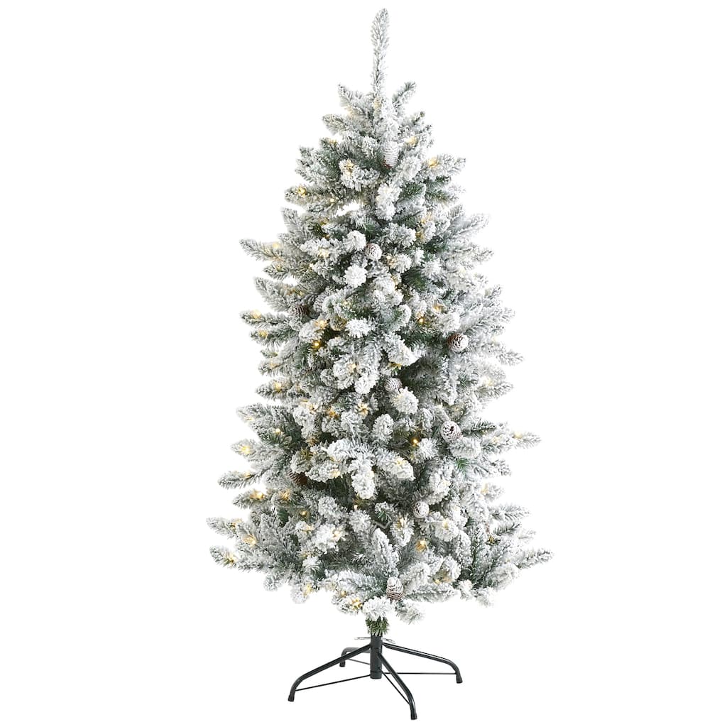 5ft Artificial Christmas Tree - Prelit Flocked Fir Tree with Warm Lights & Pine Cones - White - 60