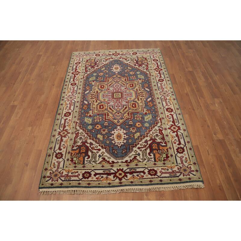 Hand Knotted Oriental 100% Wool Carpet Traditional Medallion Greys & Charcoal Heriz (serapi) Area Rug - 6' 2'' X 4' 1''