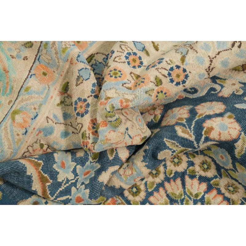 Hand Knotted Oriental 100% Wool Carpet Traditional Floral Navy Blue & Blues Kerman Area Rug - 10' 0'' X 6' 9''