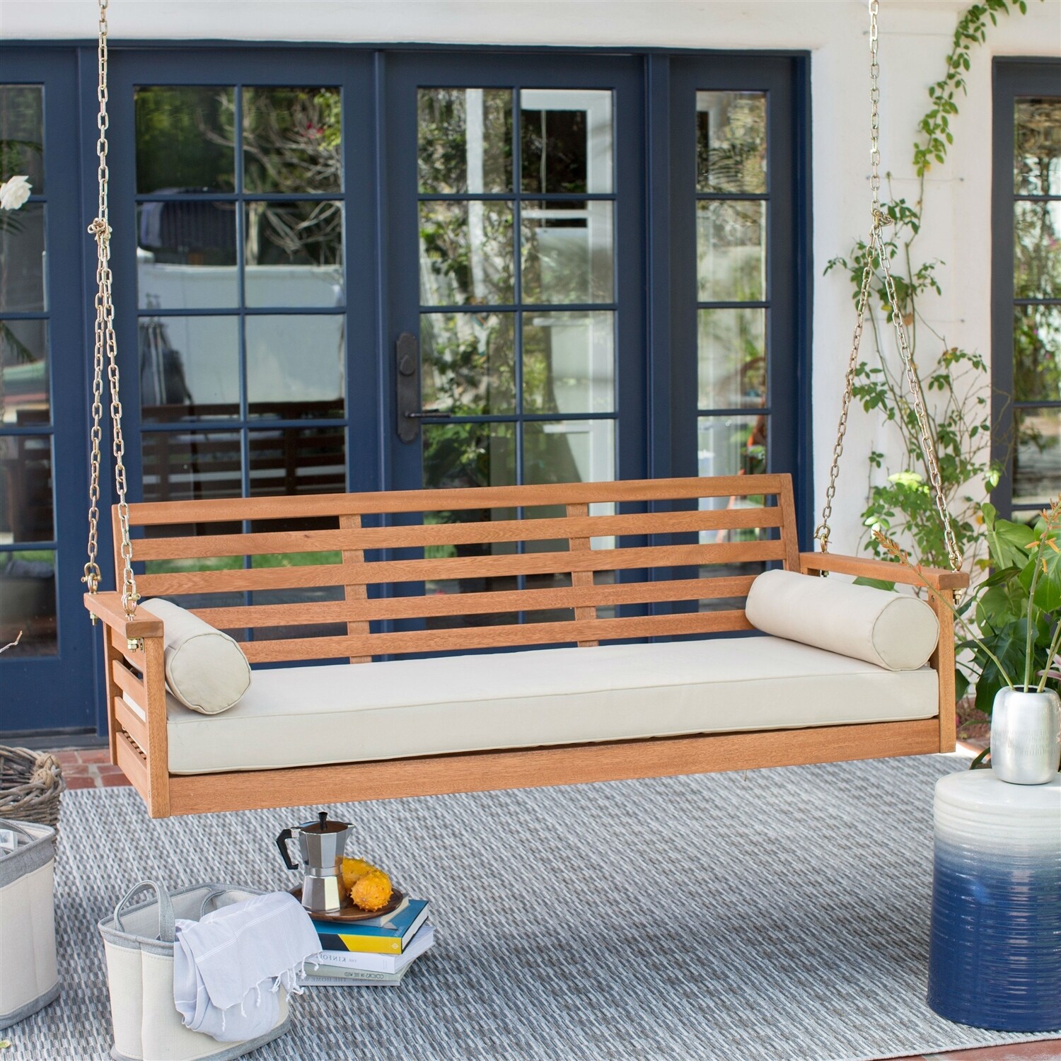 Shop Deep Seat Wood Porch Swing Outdoor Bed With Cushion And 2 Bolster Pillows Overstock 30668153
