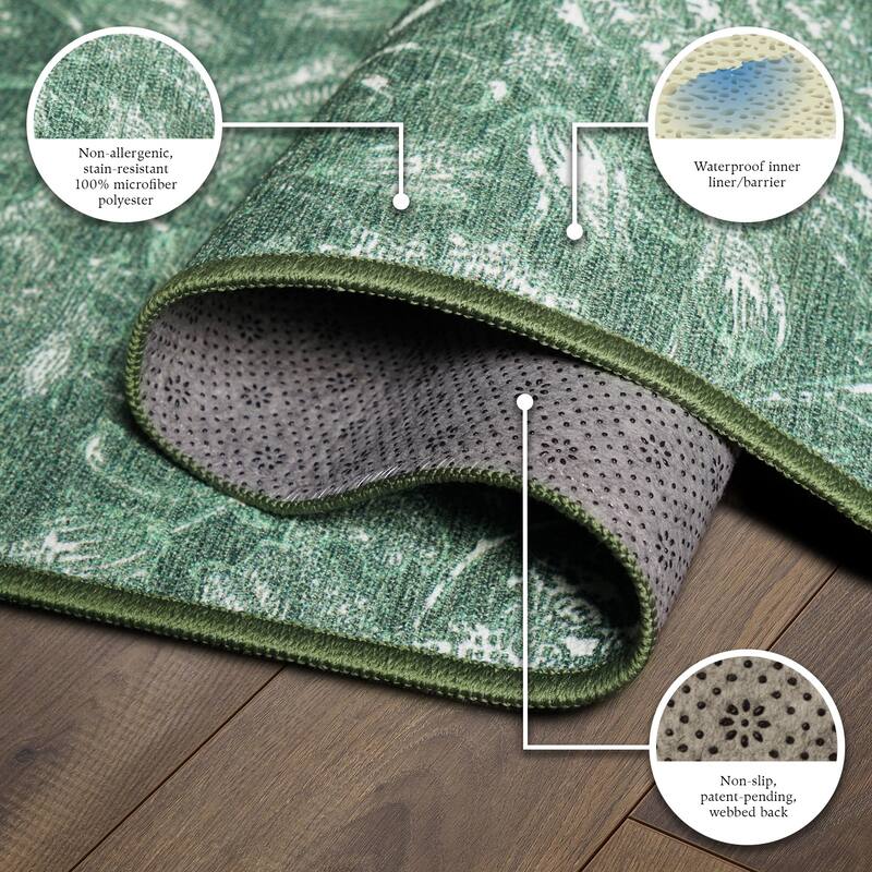 My Magic Carpet Kalini Floral Green Machine Washable Rug