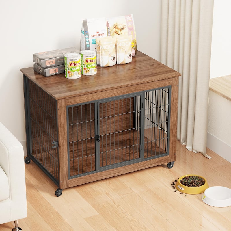 38.6" Dog Crate Furniture with Wheels for Small Dogs, Heavy Duty Dog Kennel Indoor with 2 Doors, Wooden Pet Cage End Table