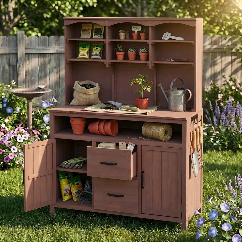 Roomfitters Outdoor Garden Potting Bench with Storage Hutch, Potting Table with Drawers and Cabinets, Shelves