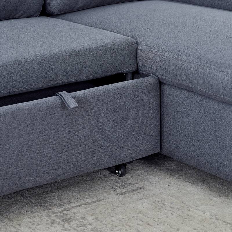 L-Shaped Comfortable Corduroy Combo Sofa with Pullout Bed and Storage