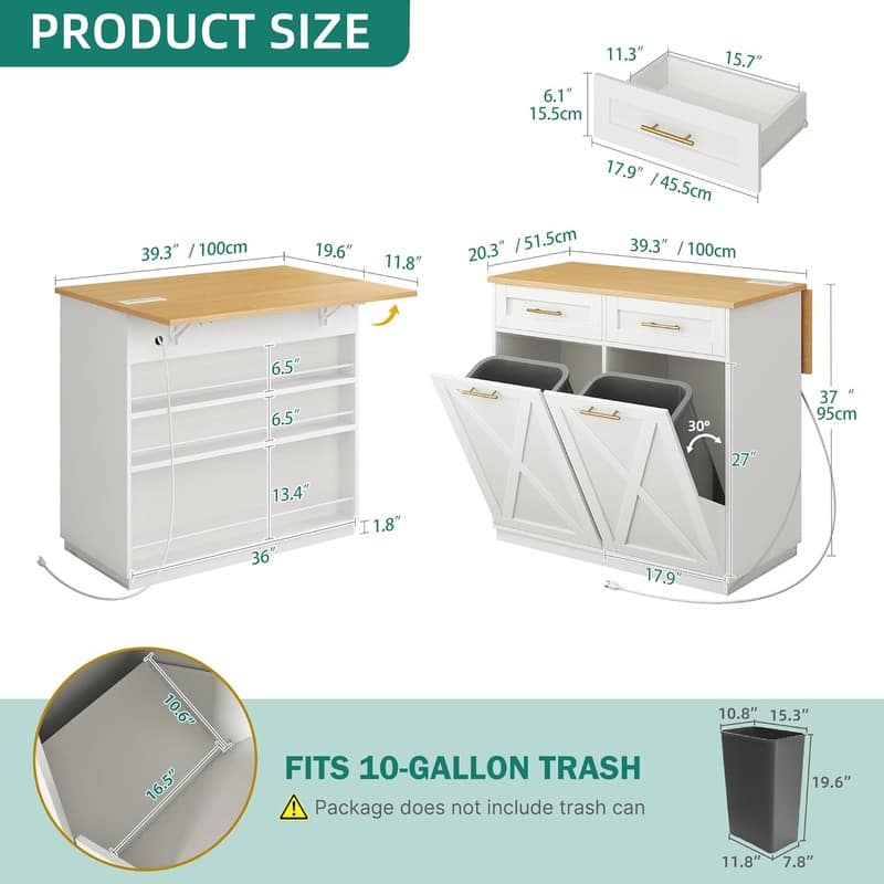 Moasis 39" Kitchen Island Kitchen Storage with Power Socket and Tilt Out Trash Bin Storage Cabinet