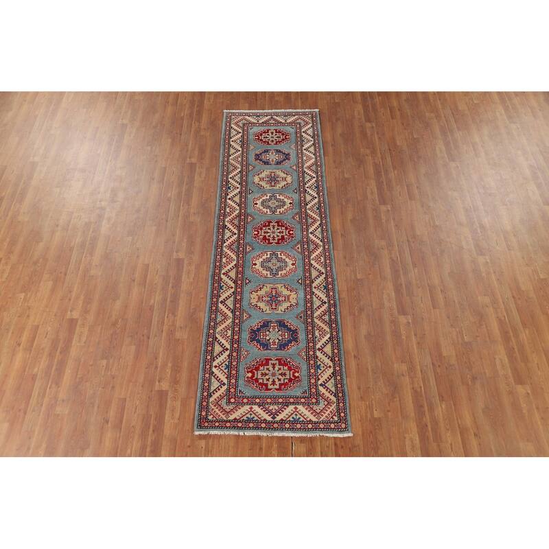 Light Blue Kazak Runner Rug Handmade Wool Carpet - 2'11" x 9'7"