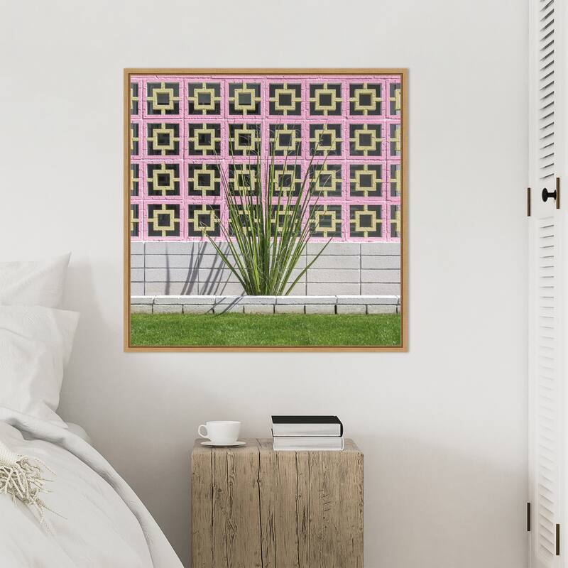 Mid Century Breeze Block Wall with Cactus by Tom Windeknecht Framed Canvas Wall Art Print - Sylvie Natural