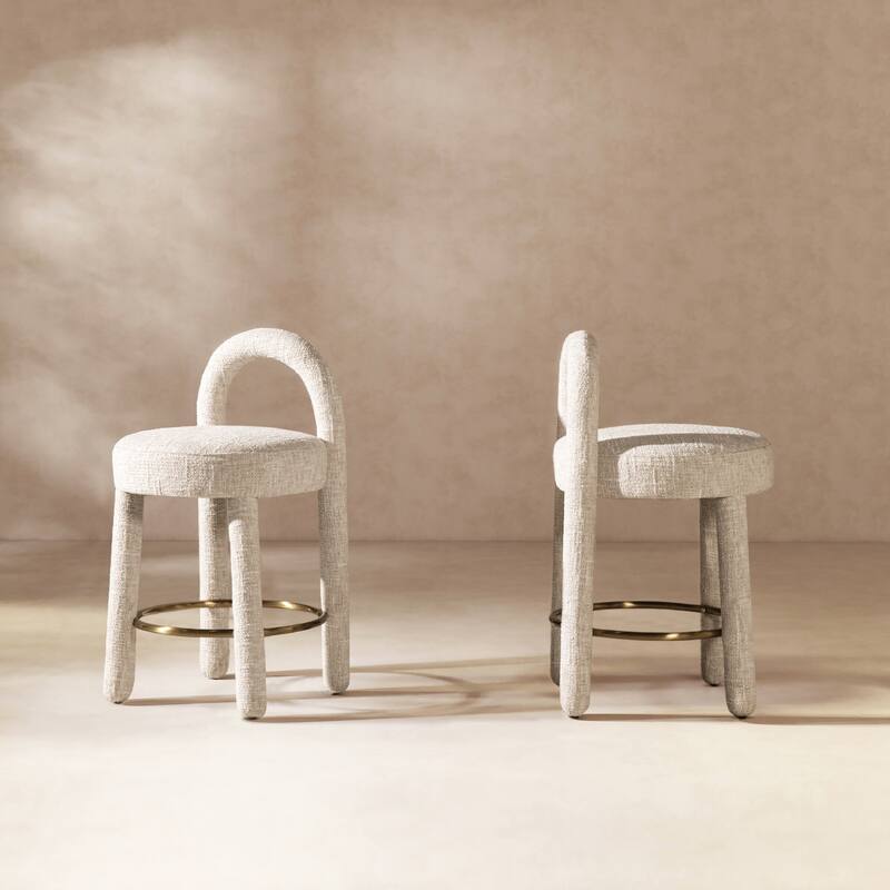 26.5" Round Arched Upholstered Counter Stool, Set Of 2, Travertine Beige Chenille