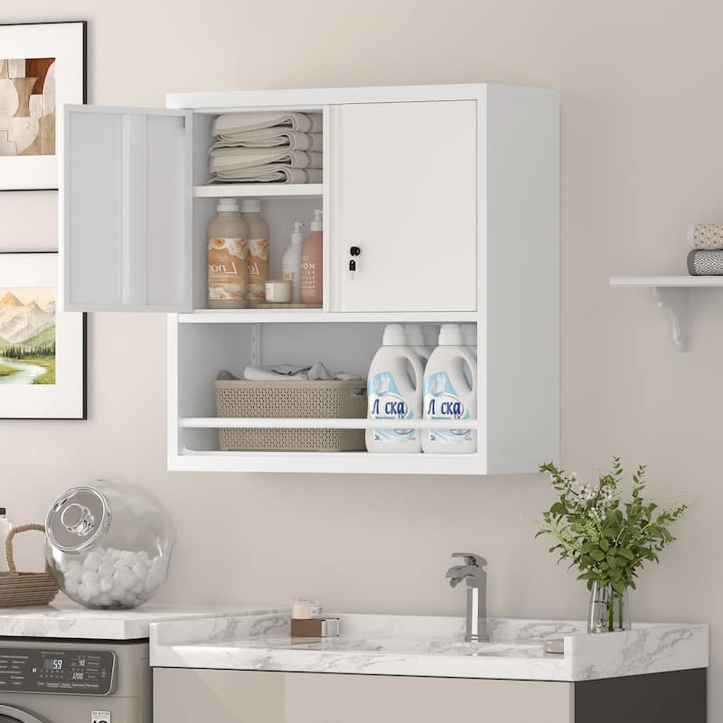 2 Doors Metal Storage Cabinet Kitchen Pantry Cabinet With Adjustable Shelves Tall Steel Cabinet Locker - White
