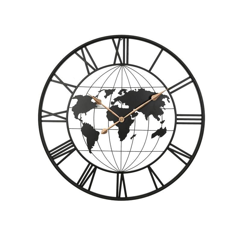 Roomfitters 36" Large Black Metal Wall Clock, Modern Silent World Map Design with Elegant Gold Pointers - Black+Gold