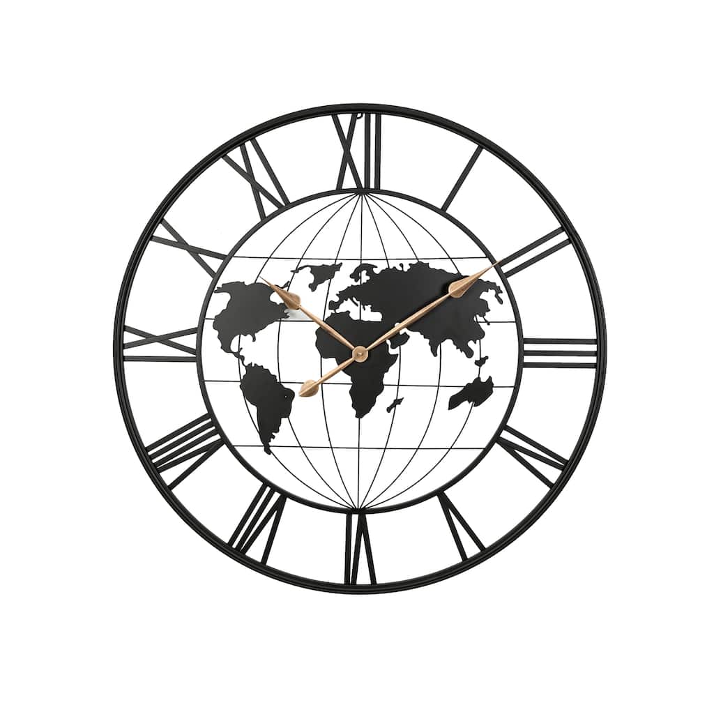 Roomfitters 36" Large Black Metal Wall Clock, Modern Silent World Map Design with Elegant Gold Pointers