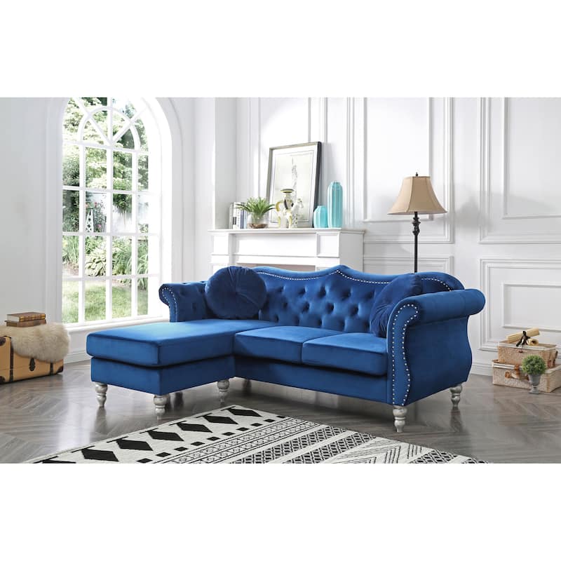 Hollywood Velvet Sofa with Reversible Chaise - Navy Blue